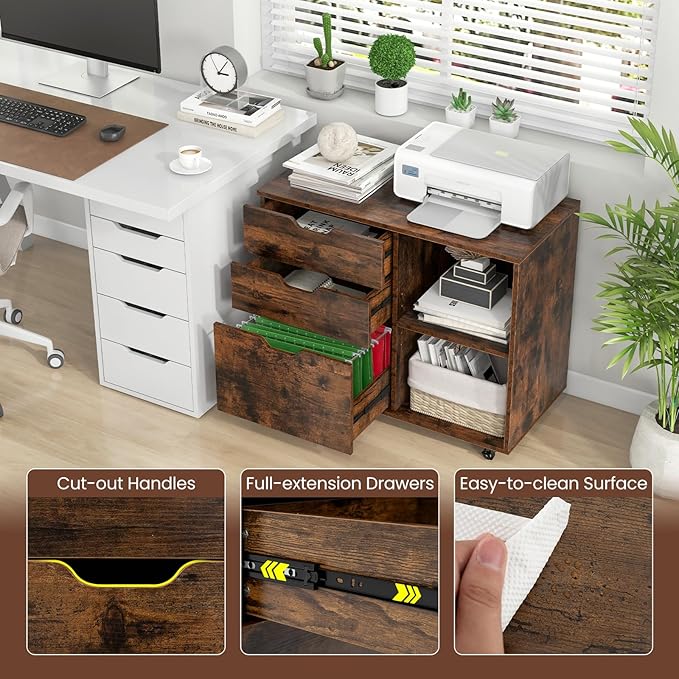 3 Drawer File Cabinet, Wood Lateral Filing Cabinet for Hanging Letter, A4, Legal Size, Rolling Printer Stand with Adjustable Shelf, Under Desk Storage for Home Office (Brown)