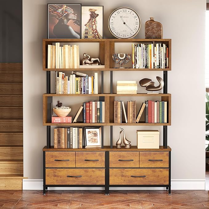 Casaottima 7 Tier BookShelf, Tall Geometric Bookcase with Fabric Drawers, Modern Display Book Shelves Book Case for Living Room Bedroom, Wood Decorative Standing Shelving Unit for Home Office, Vintage