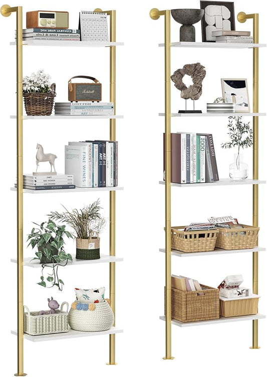 5-Tier Bookshelf - Solid Wood Narrow Bookcase Set of 2, Wall Mount Ladder Shelf, Storage Rack for Living Room, Bedroom, Bathroom, White and Gold