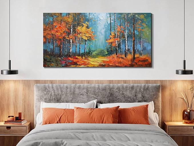 Arjun Nature Wall Art for Living Room, Landcape Canvas Forest Painting for Bedroom, Framed Textured Reddish Artwork Extra Large Picture Dining Room Kitchen Home Office Wall Decor 58"x29"