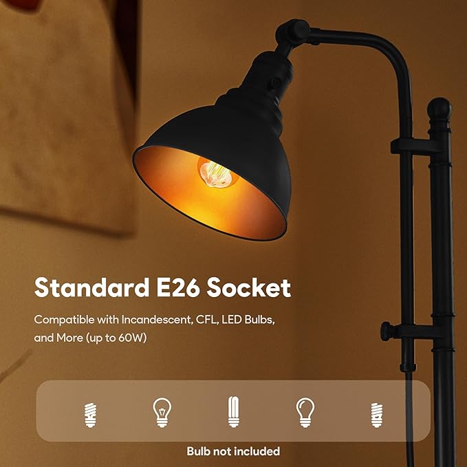 VONLUCE Rustic Desk Lamp Black Adjustable, Industrial Style Metal Task Lamps 25"-29", Vintage Work Light, Farmhouse Reading Lamp in Black Finish, ETL Certificate