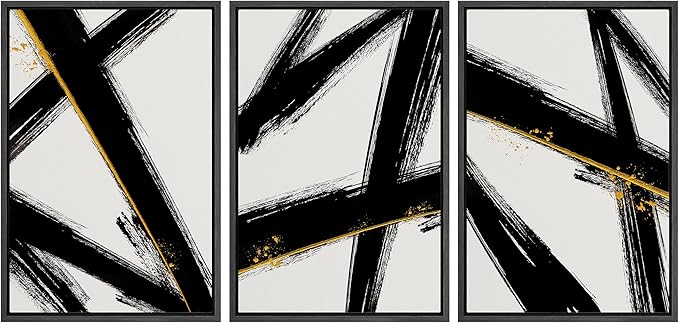 IDEA4WALL Framed Canvas Print Wall Art Set Black Gold Geometric Graffiti Paint Stripes Abstract Shapes Illustrations Modern Art Contemporary for Living Room, Bedroom, Office - 24"x36"x3 Black