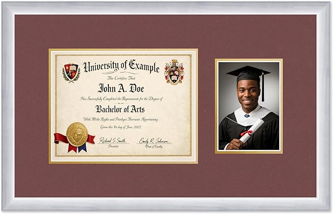 CountryArtHouse Fits 11 x 8.5 US Letter Certificate and 5 x 7 Photo Diploma and Photo Frame Stainless Silver Genuine Hardwood with Dark Red Over Metallic Gold Double mat
