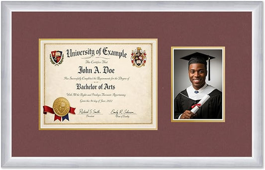 CountryArtHouse Fits 11 x 8.5 US Letter Certificate and 5 x 7 Photo Diploma and Photo Frame Stainless Silver Genuine Hardwood with Dark Red Over Metallic Gold Double mat