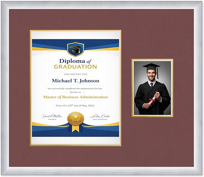 Diploma Frame With Photo Opening Stainless Silver Dark Red Over Gold Mat - Fits 11 x 14 Degree and Picture Made in the USA