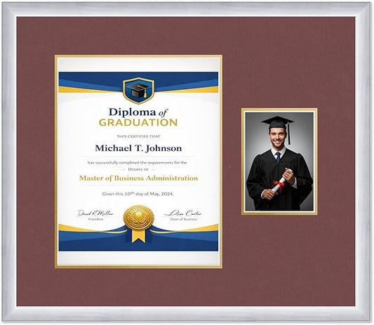 Diploma Frame With Photo Opening Stainless Silver Dark Red Over Gold Mat - Fits 11 x 14 Degree and Picture Made in the USA