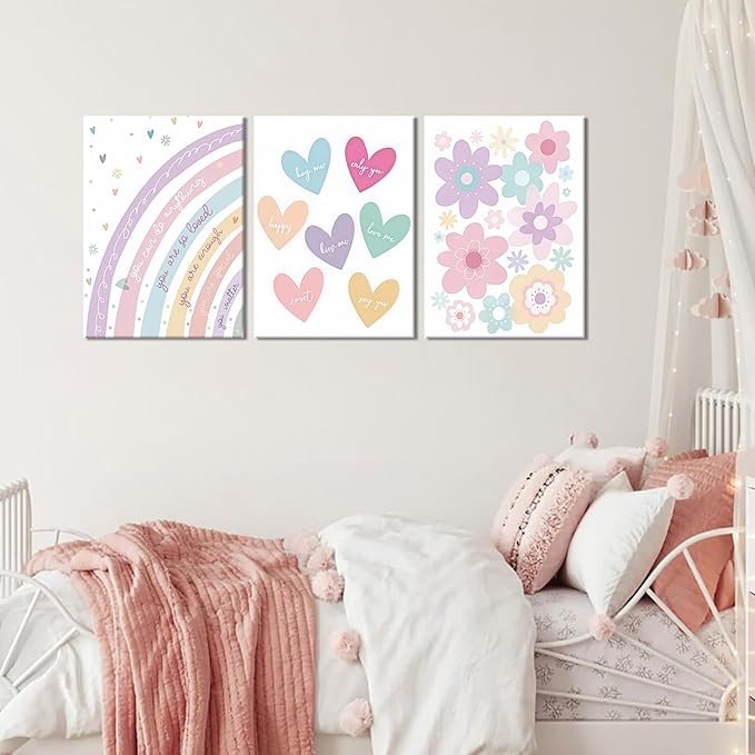 3 Pieces Nursery Boho Wall Art, Framed Cartoon Rainbow Canvas Prints, Colorful Heart Wall Decor, Cute Flower Posters Artwork, Pink Girls Room Aesthetic for Bedroom Dormitory – 12x16in