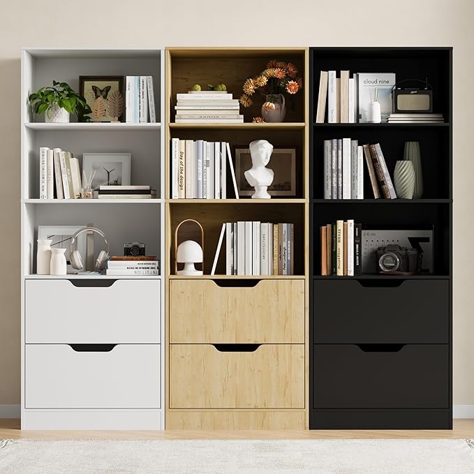Bookcase with 2 Drawers, 3-Tier Bookshelf with Storage, 3 Shelf Bookshelf with Adjustable Shelf, Modern Bookshelf, Open Shelves for Study, Bedroom & Home Office, Natural