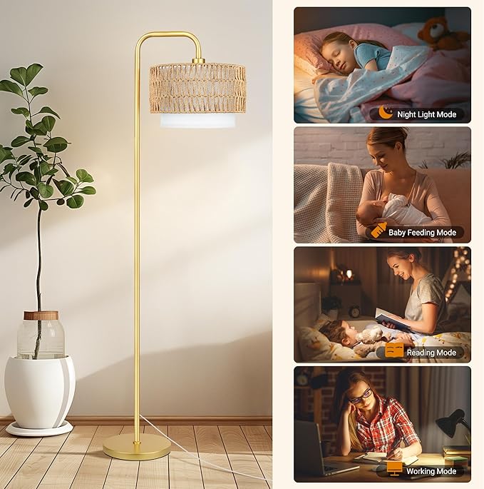 PARTPHONER Gold Floor Lamp for Living Room, Farmhouse Tall Lamp with 3 Color Temperatures Remote & Dimmable Bulb, Boho Lamp Rattan and Fabric Shades Bedroom Study Room Office Hotel