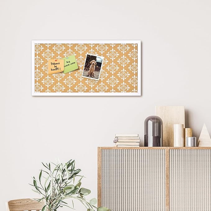 Decorative Cork Board for Walls, Bulletin Board with White Floral Print, White Framed Pin Board Vision Board for Office School Bedroom and Dorm Room with Pins, Screws(3060,1pc)