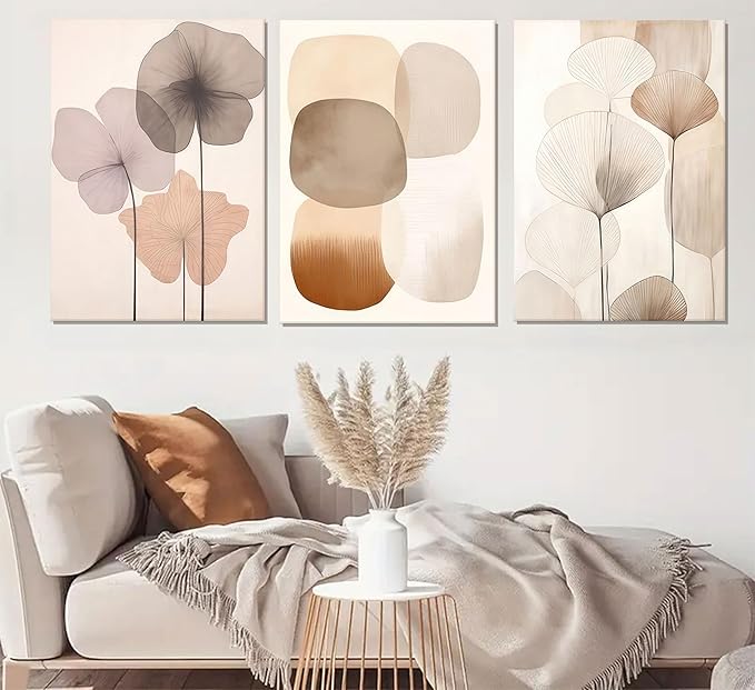 3pcs Neutral Beige Wall Art Abstract Botanical Canvas Prints Modern Simple Flower Paintings Poster Wabi-sabi Geometric Wall Decor Boho Plant Pictures For Bedroom living room Framed