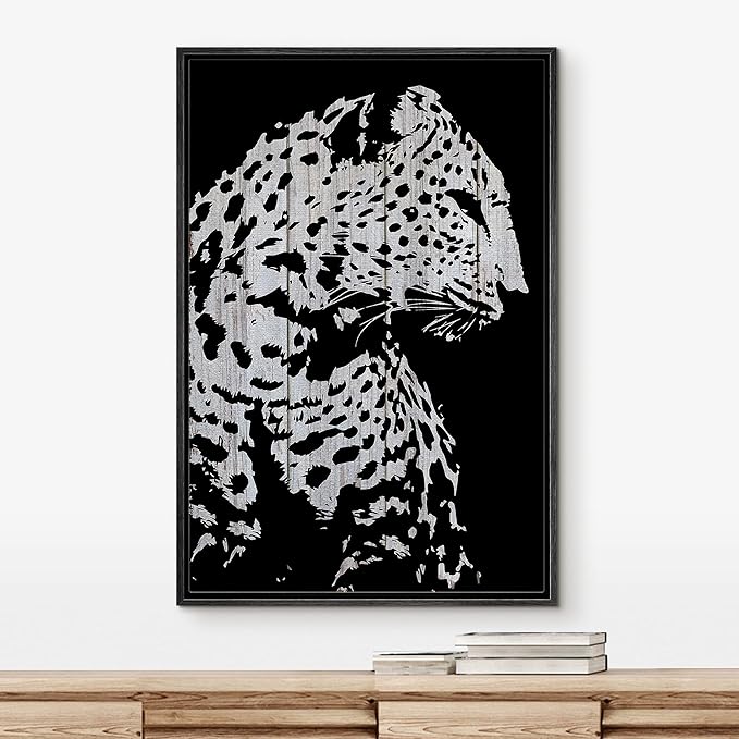 IDEA4WALL Framed Canvas Print Wall Art Grayscale Spotted Leopard Profile on Wood Panels Animals WildLife Illustrations Modern Art Tropical Portrait for Living Room, Bedroom, Office - 24"x36" BLACK
