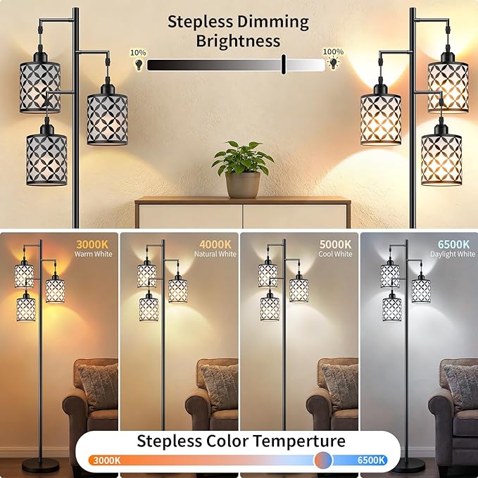 New Upgraded 72" Tall Dimmable Floor Lamp, 3 x 800LM 9W LED Bulbs Included, Farmhouse Standing Lamp with Remote Control, Industrial Tree Pole Floor Lamps for Living Room, Bedroom, Study Room - Black