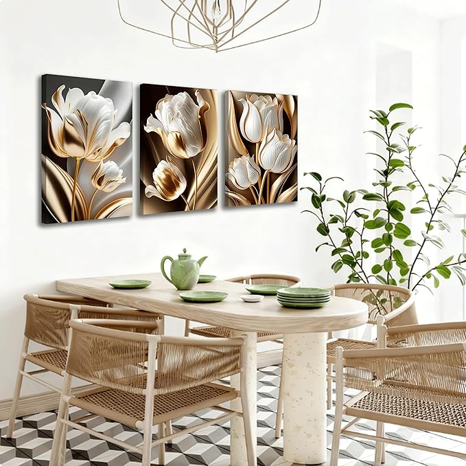 3Pcs Abstract White Gold Floral Canvas Wall Art Modern Luxury Minimalism Painting Pictures Wall Decor tulip Plants Posters Prints Artwork for Living Room Bedroom Office Home Decoration 12 x 16in
