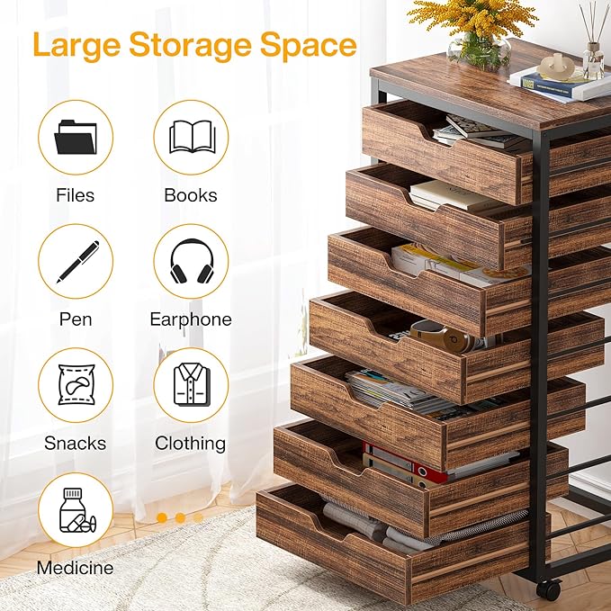 Tribesigns 7-Drawer File Cabinet, Wood Mobile Storage Drawer Unit, Industrial Office Cabinet with Drawers & Wheels, Rolling Printer Stand for Home Office (Rustic Brown)