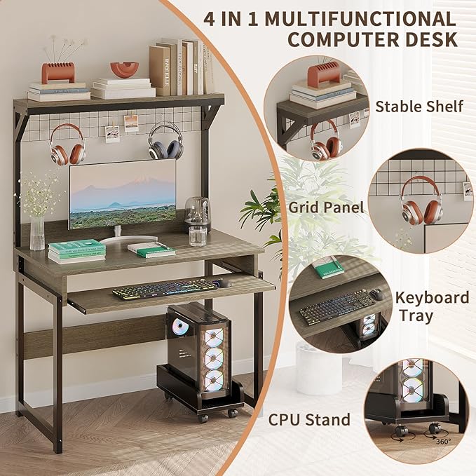 ALISENED 31.5" Small Computer Desk with Hutch, Office Desk Study Table Writing Desk Workstation PC Table for Home Office, Space Saving Design