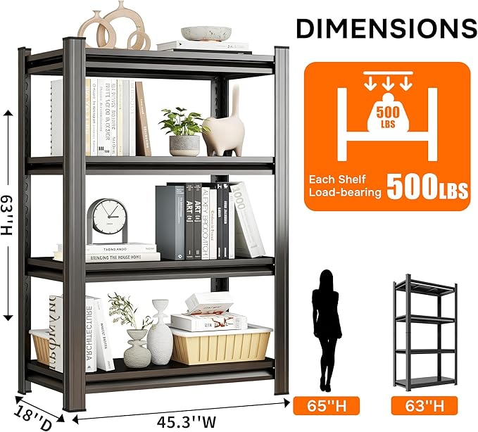 45" W Book Shelf 4-Tier Adjustable Heavy Duty Metal Wide Book Shelves Modern Tall Bookshelf Storage Shelving Organizer for Living Room, Bedroom, Home, Office, Black (63" H*18" D*45.3" W)
