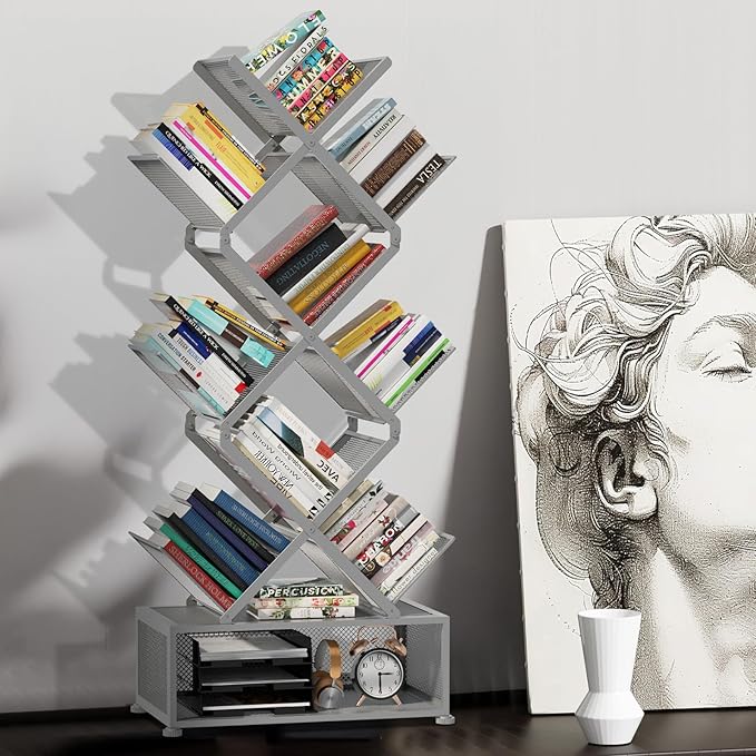 Gintan 9-Tier Modern Book Shelves with Storage, Bedroom Shelves Folding Bookshelves, No Installation Required Shelf Tree Bookcase for Living Room, Study, Home Office, Bed Room (Grey)