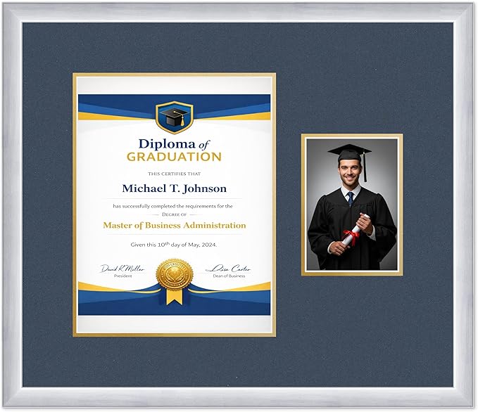 Diploma Frame With Photo Opening Stainless Silver Navy Blue Over Gold Mat - Fits 10 x 13 Degree and Picture Made in the USA