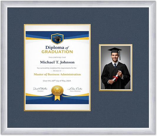 Diploma Frame With Photo Opening Stainless Silver Navy Blue Over Gold Mat - Fits 10 x 13 Degree and Picture Made in the USA