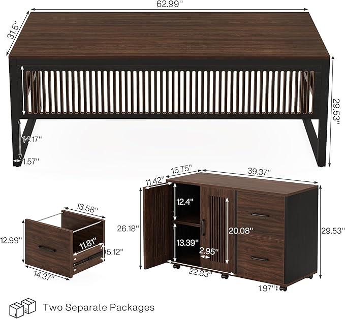 Tribesigns 63-Inch Executive Desk, Large Office Desk with Mobile File Cabinet, Modern L-Shaped Computer Desk Business Furniture with Door Storage Cabinet for Home Office, Dark Walnut & Black