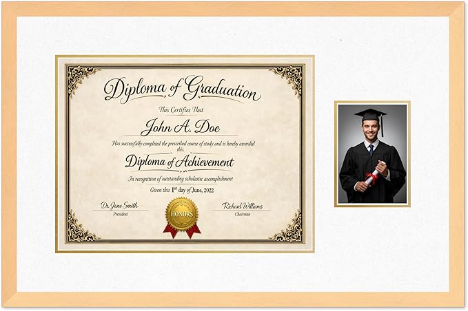 Diploma Frame With Photo Opening Natural Wood Oyster Shell Over Gold Mat - Fits 17 x 13 Degree and Picture Made in the USA
