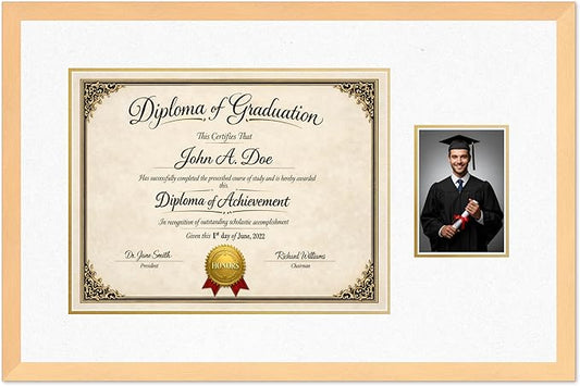 Diploma Frame With Photo Opening Natural Wood Oyster Shell Over Gold Mat - Fits 17 x 13 Degree and Picture Made in the USA