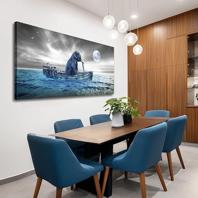 MHARTK66 Moon Beach Wall Art Prints- Modern Large Coastal Landscape Canvas Bedroom Blue Ocean Picture Relaxing Living Room Sea Scene Painting Elephant Boat Seascape Artwork Bathroom Office Home Decor