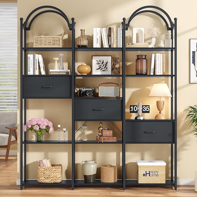 Semoic 83.5" Tall Arched Bookshelf, Triple Wide 6-Tier Large Open Book Shelf with 3 Drawers Storage, Etagere Bookcase with Display Shelf, Industrial Bookshelf with Metal Frame for Living Room, Black