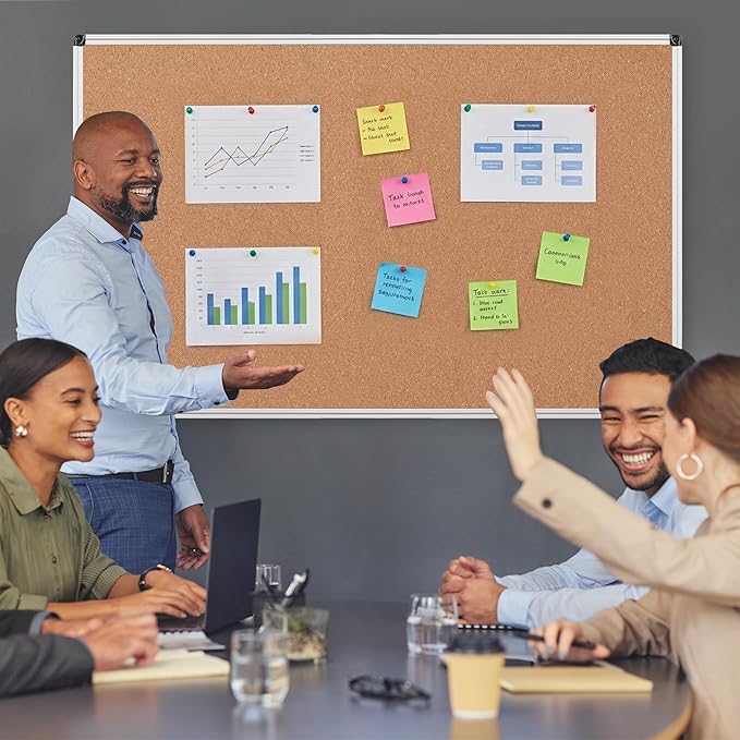 Board2by Large Cork Bulletin Board 60" X 36", Silver Aluminum Framed Corkboard for Wall, Wall Mounted Notice Pin Board with Push Pins for School, Home & Office - 5' x3' Corkboard