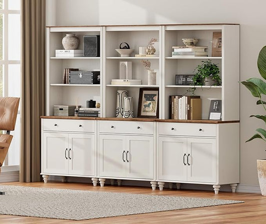WAMPAT 5 Tier Bookshelf 72" Tall Bookcase with Barn Doors, Large Farmhouse Display Book Shelf with 3 Drawers and Storage Cabinet, 3-in-1 Library Wood Bookshelves for Living Room or Kitchen, White