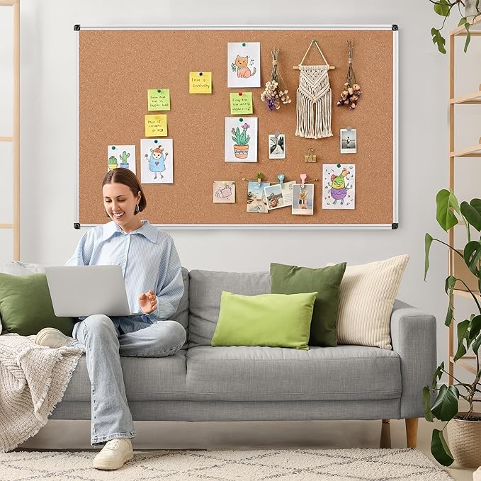 Board2by Large Cork Bulletin Board 60" X 36", Silver Aluminum Framed Corkboard for Wall, Wall Mounted Notice Pin Board with Push Pins for School, Home & Office - 5' x3' Corkboard