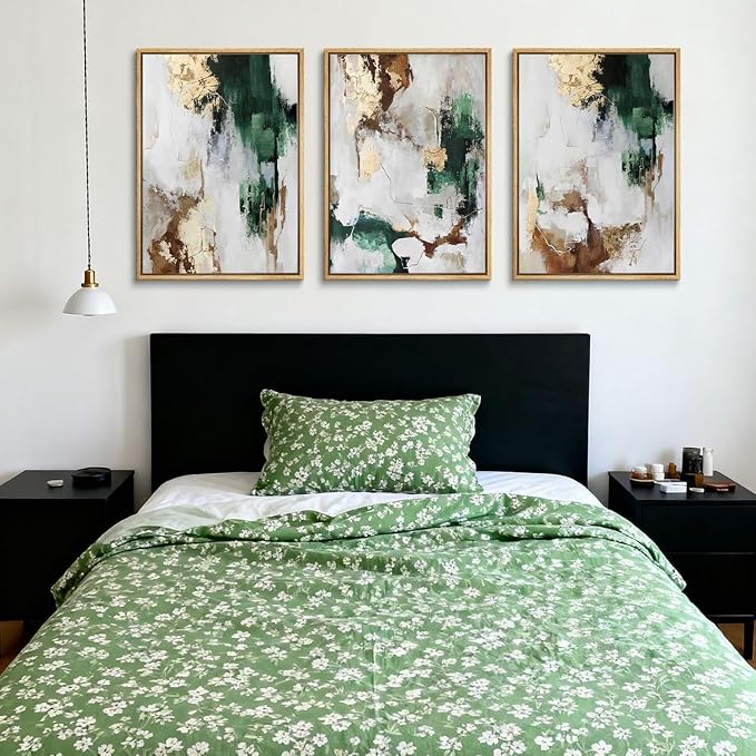 3Pcs Green and Gold Canvas Wall Art Abstract Posters Print Brown and Gray Line Pictures Decor for Living Room Bedroom Bathroom Home Decoration Unframed