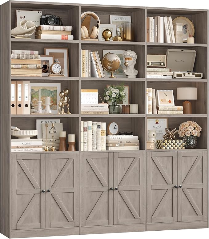 FACBOTALL 75" Triple Wide Bookshelf, Bookshelf and Bookcase with 6 Farmhouse Doors, 71" Wide 6 Tier Book Shelf with 18 Storage Shelves, Large Wooden Bookshelves, Tall Bookcase for Home Office, Gray