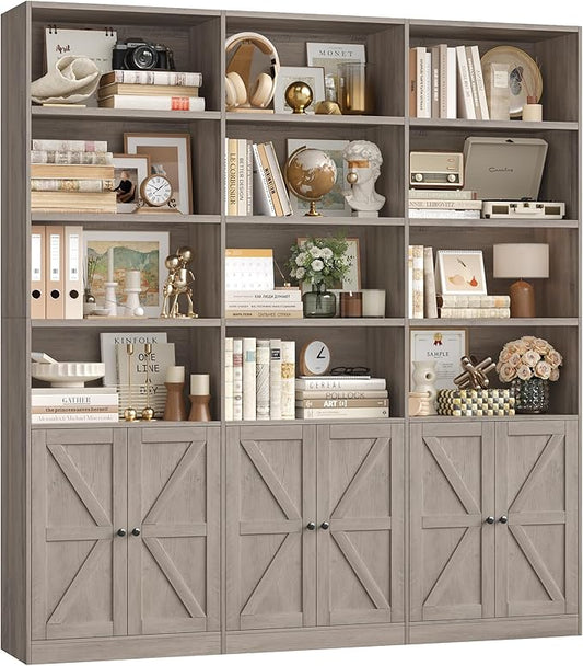 FACBOTALL 75" Triple Wide Bookshelf, Bookshelf and Bookcase with 6 Farmhouse Doors, 71" Wide 6 Tier Book Shelf with 18 Storage Shelves, Large Wooden Bookshelves, Tall Bookcase for Home Office, Gray