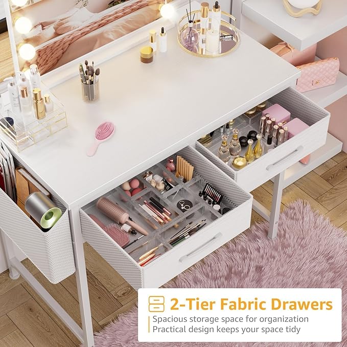 DLisiting 32 Inch Small White Desk with 2 Drawers, Study Writing Computer Desk with Storage Drawer for Bedroom Home Office, Vanity Table Without Mirror for Girls Small Spaces