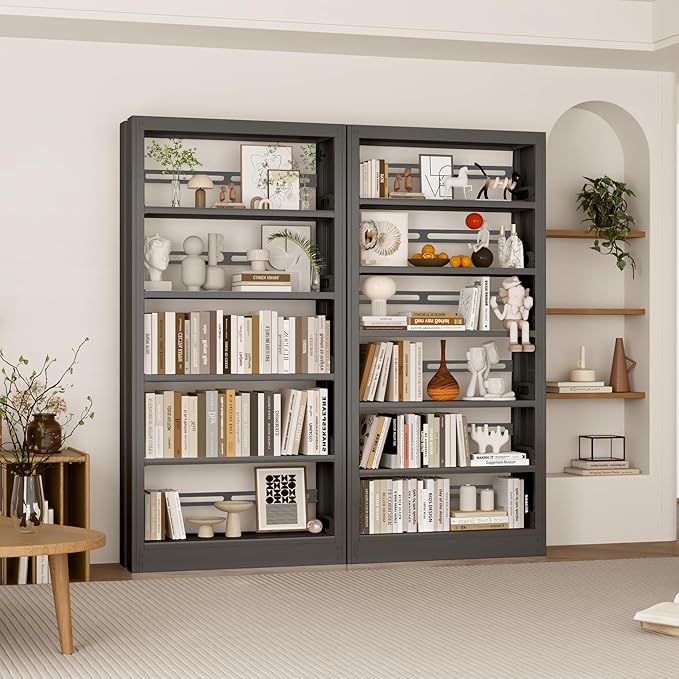 5-Tier Metal White Bookshelf, 71" Tall Library Bookshelf, White Bookshelf with Adjustable Storage Shelves, Modern Bookcase for Living Room, Library, Office, or Bedroom, Includes Book Stoppers (Black)