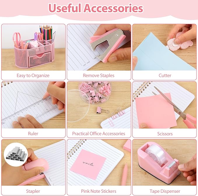 Pink Office Supplies for Desk,14pcs Desk Sets and Accessories, Office Supply Kit with Mesh Desktop Organizer and Stapler,Staple Remover, Staples,Tape Dispenser,Sticky Tabs,Scissors, Ruler