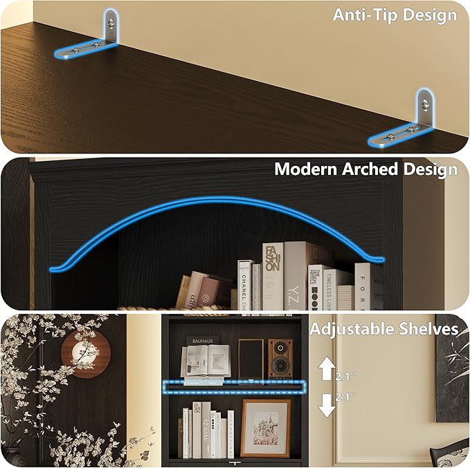 71" H Tall Bookshelf with Doors, Farmhouse Book Shelf with 3-Tier Open Shelves, Wooden Bookcase with Storage Cabinet, Freestanding Display Bookshelves for Bedroom, Living Room, Black