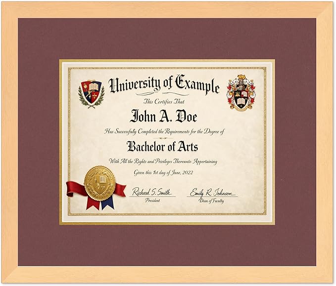 CountryArtHouse Diploma Frame Fits 13 x 10 College Diploma (Traditional) - Keepsake Graduation Display Natural Wood Genuine Hardwood with Dark Red Over Metallic Gold Double mat