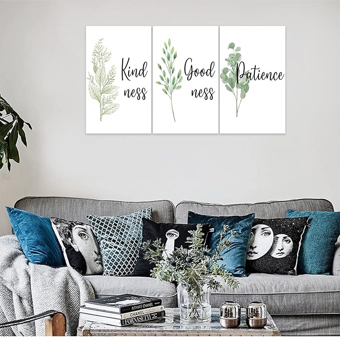 3 Piece Inspirational Wall Art, White Plant Background Picture, Quote "Kind Good Patience" Canvas Print for Office Decor, Triptych Entrepreneur Painting Framed Artwork for Home Wall Decor (72"Wx36" H)