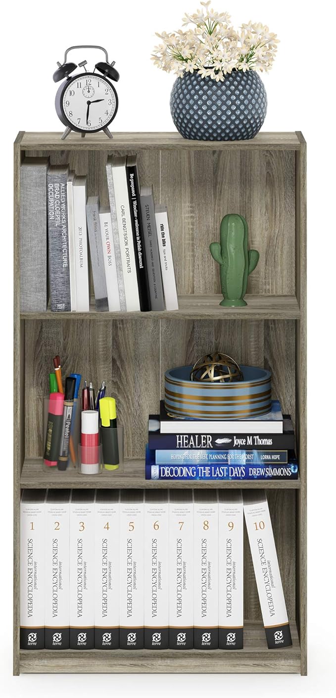 Furinno BASIC Book Shelf, 3-Tier Modern Bookshelf, Bookcase with Open Shelves, 9.3 x 21.8 x 39.5, for Living Room, Bedroom, Home Office, Sonoma Oak