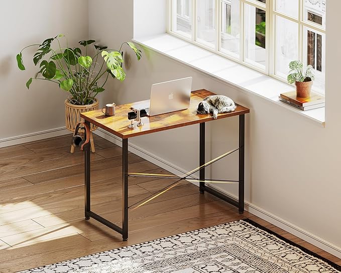 Casaottima 32 Inch Small Computer Desk for Home Office, Study Writing Table for Small Spaces, Simple Modern Desk with Headphone Hooks, Rustic Brown
