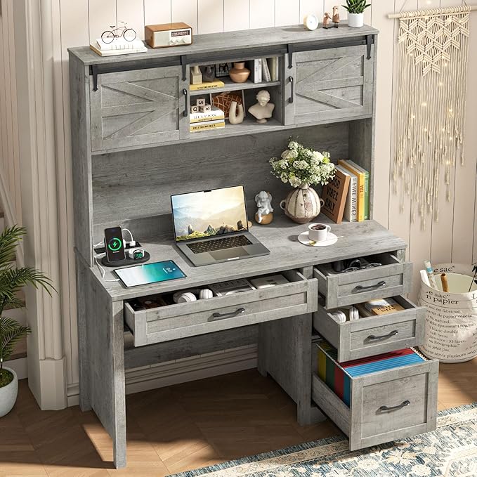 Vabches Farmhouse 67" H Executive Desk with Hutch,Office Table with LED Light and 5 Drawers,Computer Desk with Charging Station,File Drawers and Storage Cabinet,Workstation for Home Office.Grey