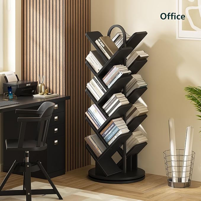 TVU 16-Tier Tree Rotating Bookshelf, 360 Degree Spinning Standing Bookcase for Magazines DVDs Books, Corner Bookcase for Living Room Bedroom Study, Black