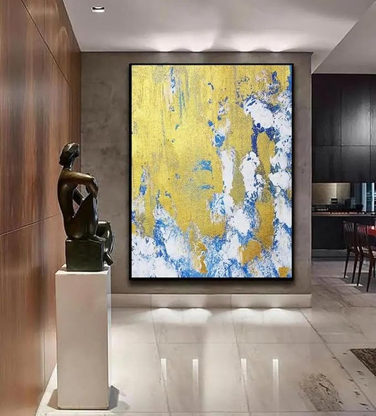 ZHMANLUCK Large Painting Office Wall Decorations Abstract Blue Gold Painting Modern Abstract Painting Art Canvas Wall Decor Pictures 20x30cm(8x12inch) with-Black-Frame