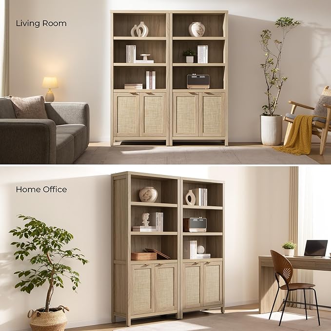 SICOTAS Bookcase 71" Tall Bookshelf 5 Tier Rattan Boho Bookcase with Doors Storage Large Book Case Shelf Farmhouse Bookshelves Library Book Shelves for Living Room Bedroom Home Office Kitchen
