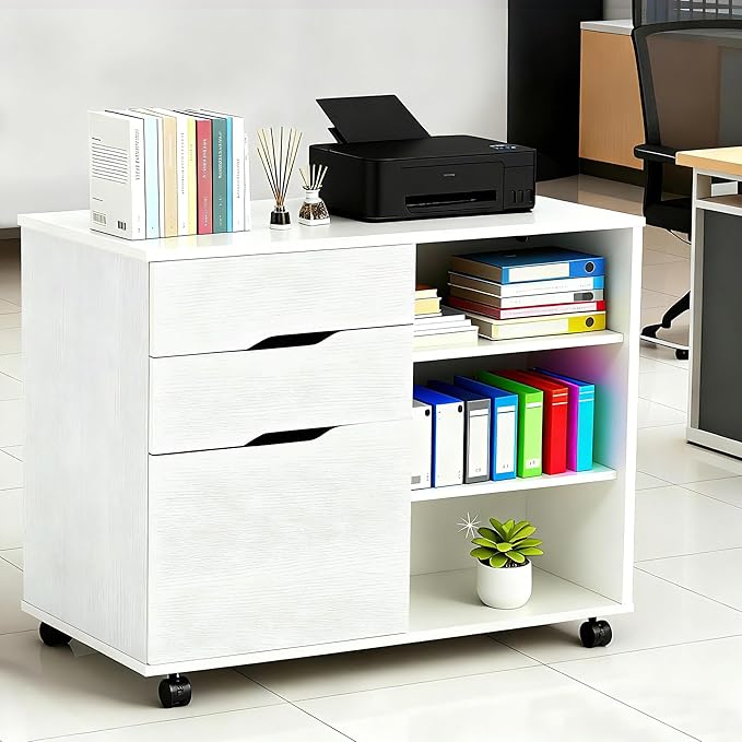 PayLessHere Lateral File Cabinet with 3 Drawers | Rolling Filing Cabinets Under Desk Storage with Wheels | Printer Stand Wood Organizer with Adjustable Shelf for Home Office Small Space, White