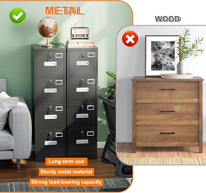 4 Drawer File Cabinet, Metal Vertical Black Filing Cabinets with Lock for Home Office with Name Card Holder for Letter/Legal/A4/F4 Size (Assemble Required)