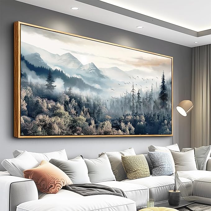 hyidecorart Fog Forest Landscape Wall Paintings Wood Framed Wall Art For Living Room Large Abstract Canvas Wall Decor For Office Modern Bedroom Home Decoration Stretched and Framed Pictures Artwork